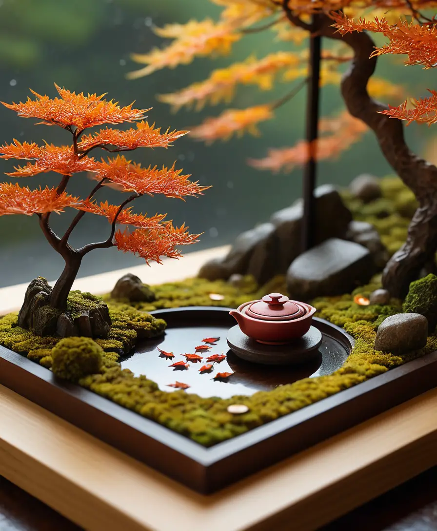 Miniature Japanese tea house in an autumn garden diorama