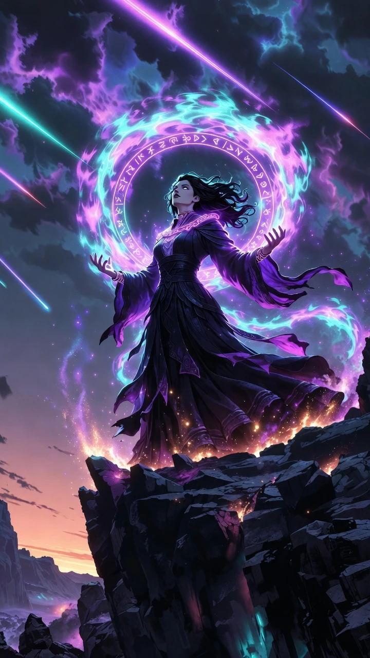 Feiticeira Lançando Magia Neon em um Penhasco ao Crepúsculo