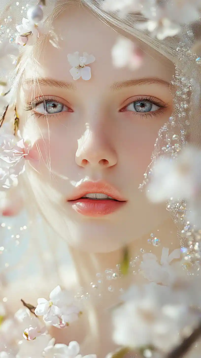 Ethereal anime woman with flowers and soft sunlight