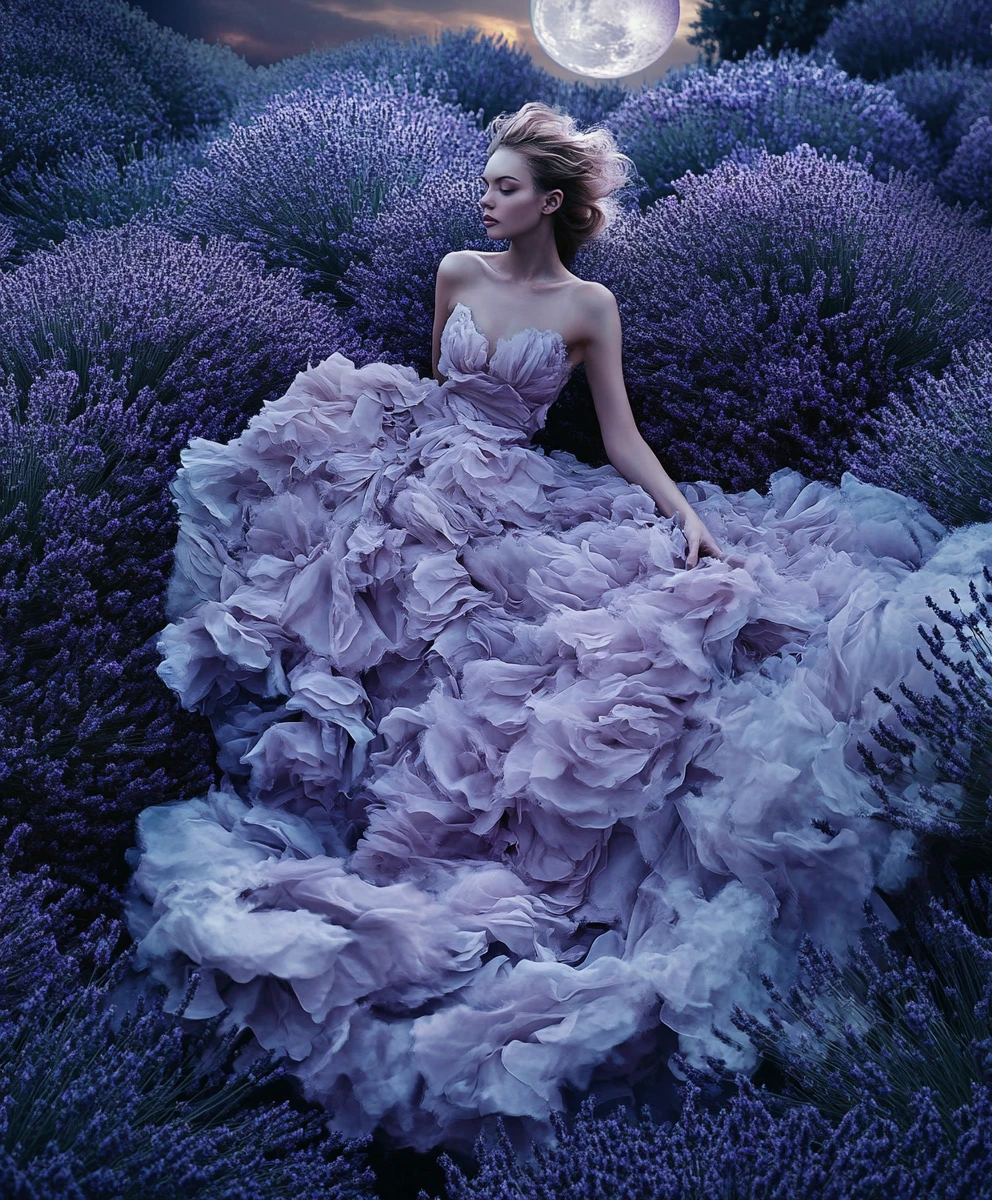Mulher etérea em vestido lavanda sob flores ao luar