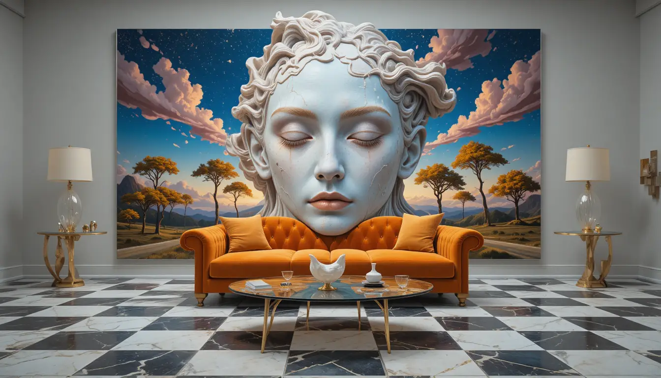 Salon surréaliste avec canapé baroque et œuvre cosmique