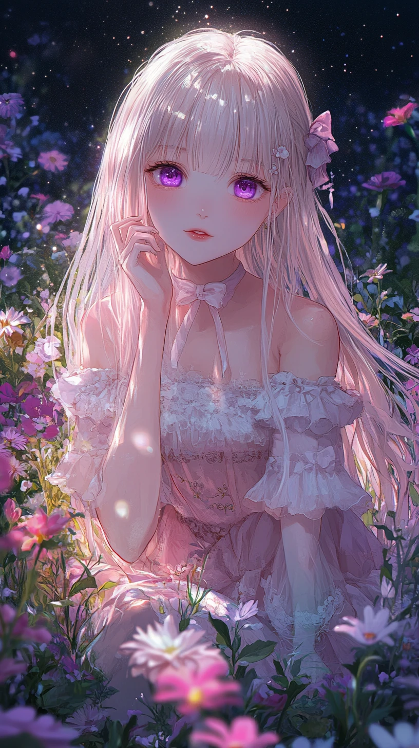 Fille d’anime dans un jardin de fleurs fantastique et lumineux