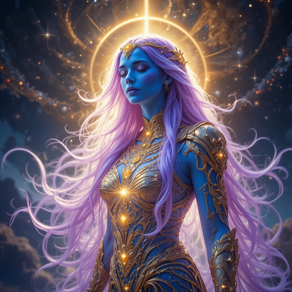 Mystical blue woman bathed in radiant golden cosmic light