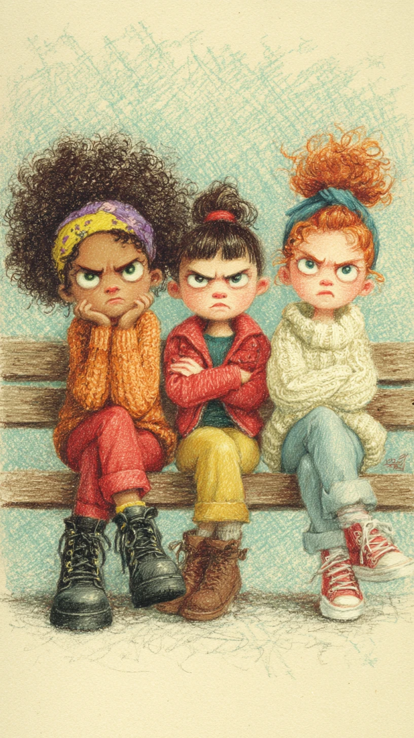 木のベンチに座る不機嫌な3人の少女のイラスト