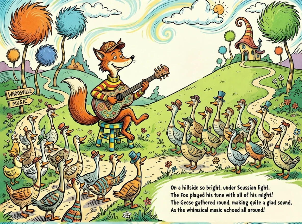 Raposa antropomórfica tocando violão para um bando de gansos