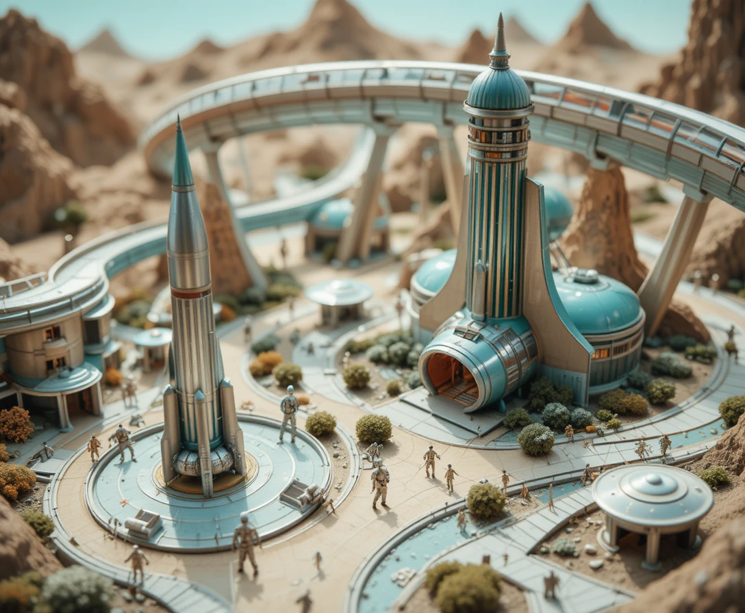 Miniatur-Retrofuturistischer Weltraumbahnhof mit Raketen und Monorail