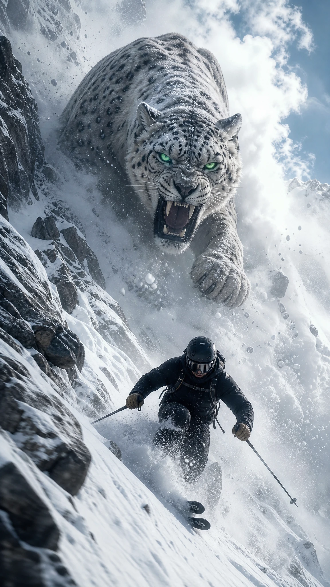Esquiador descendiendo a toda velocidad bajo un imponente leopardo de las nieves