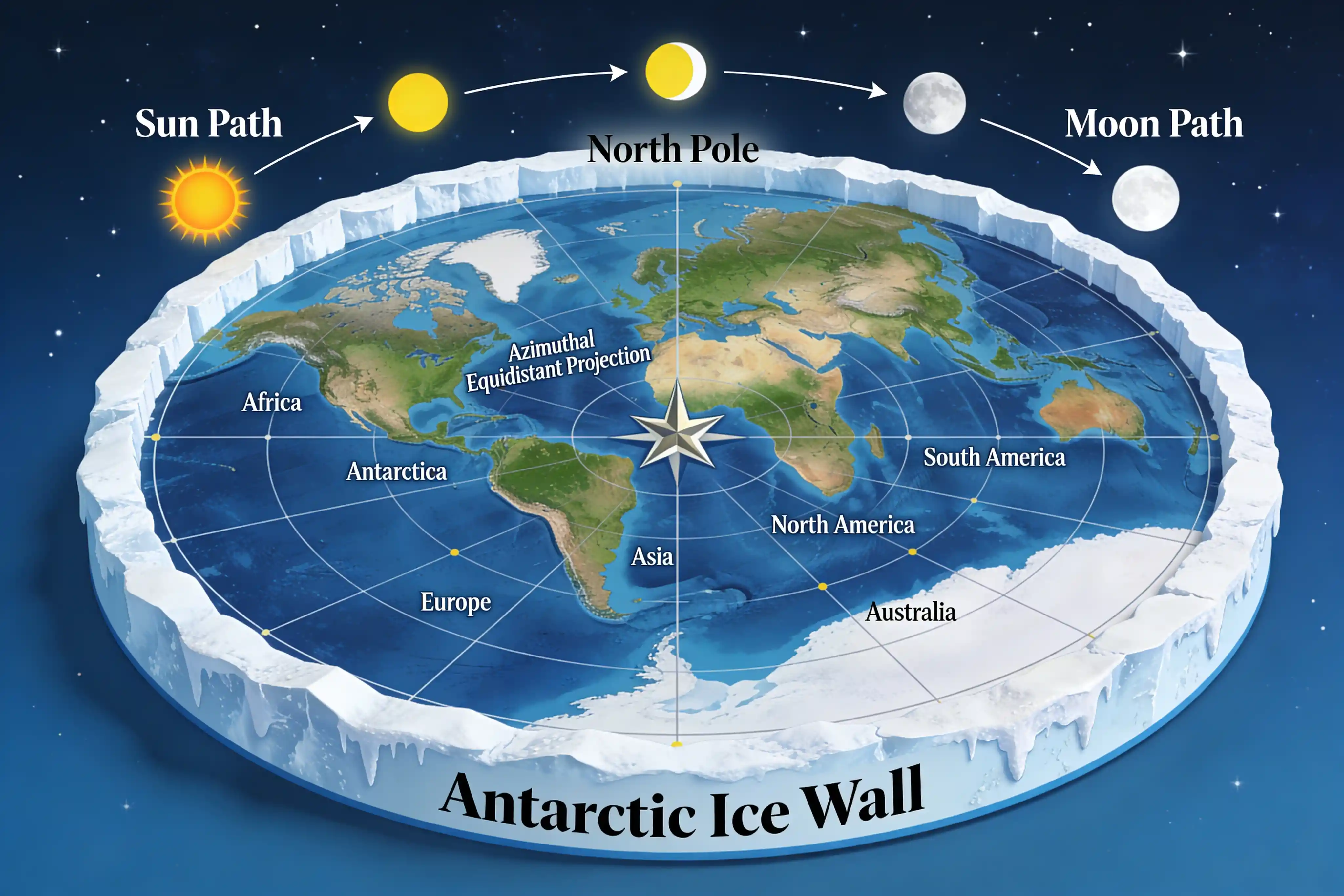 Pseudoscientific flat earth educational style color diagram