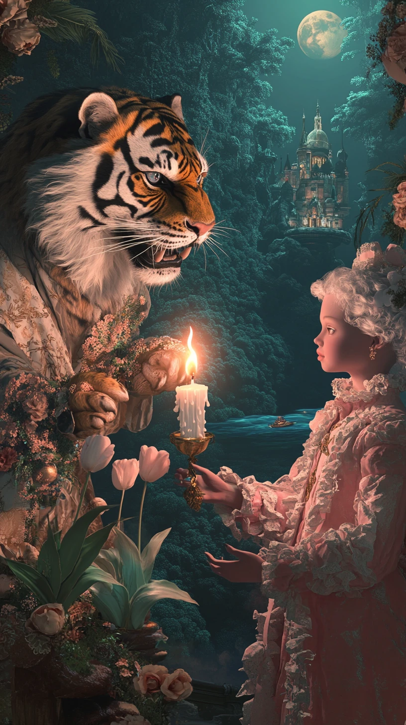 Tigre surréaliste avec des tulipes dans un collage de rêve cinématographique