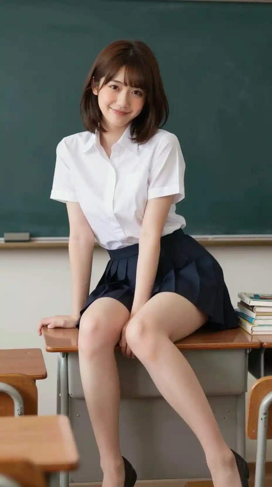 Young Japanese woman in 1980s school uniform in classroom