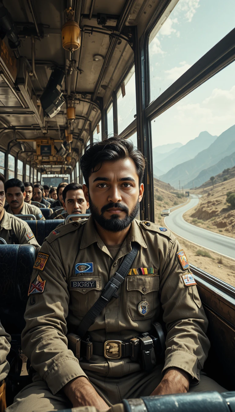 Soldado paquistanês em ônibus lotado de férias nas estradas de montanha