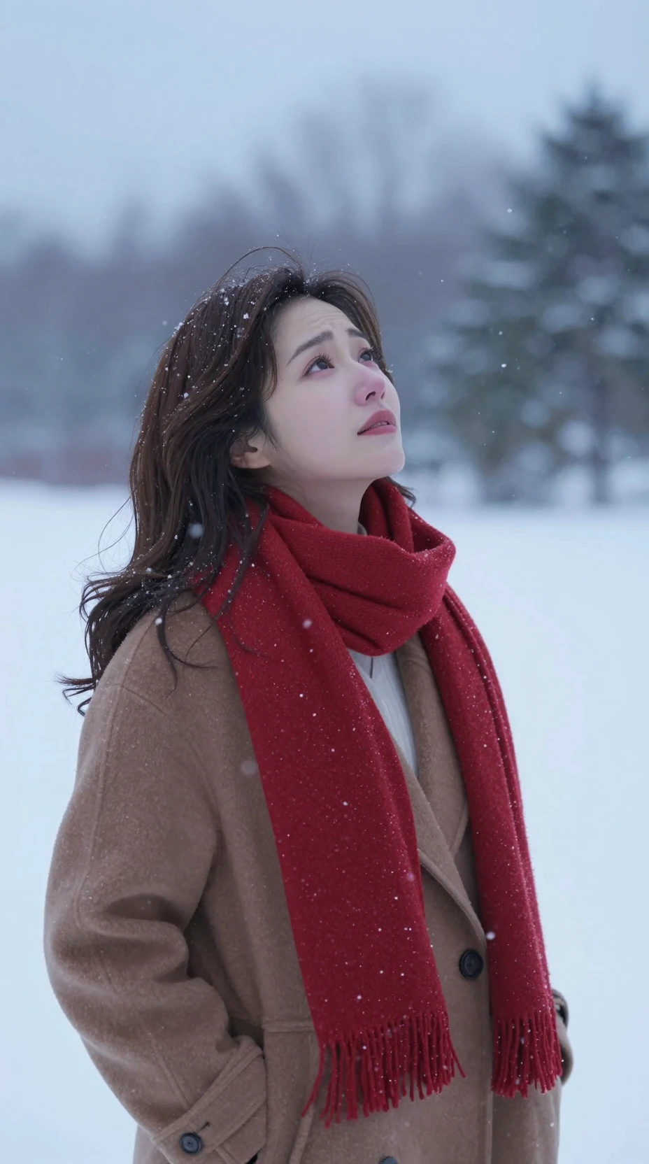 冬の景色で雪を見上げる悲しげな日本人女性