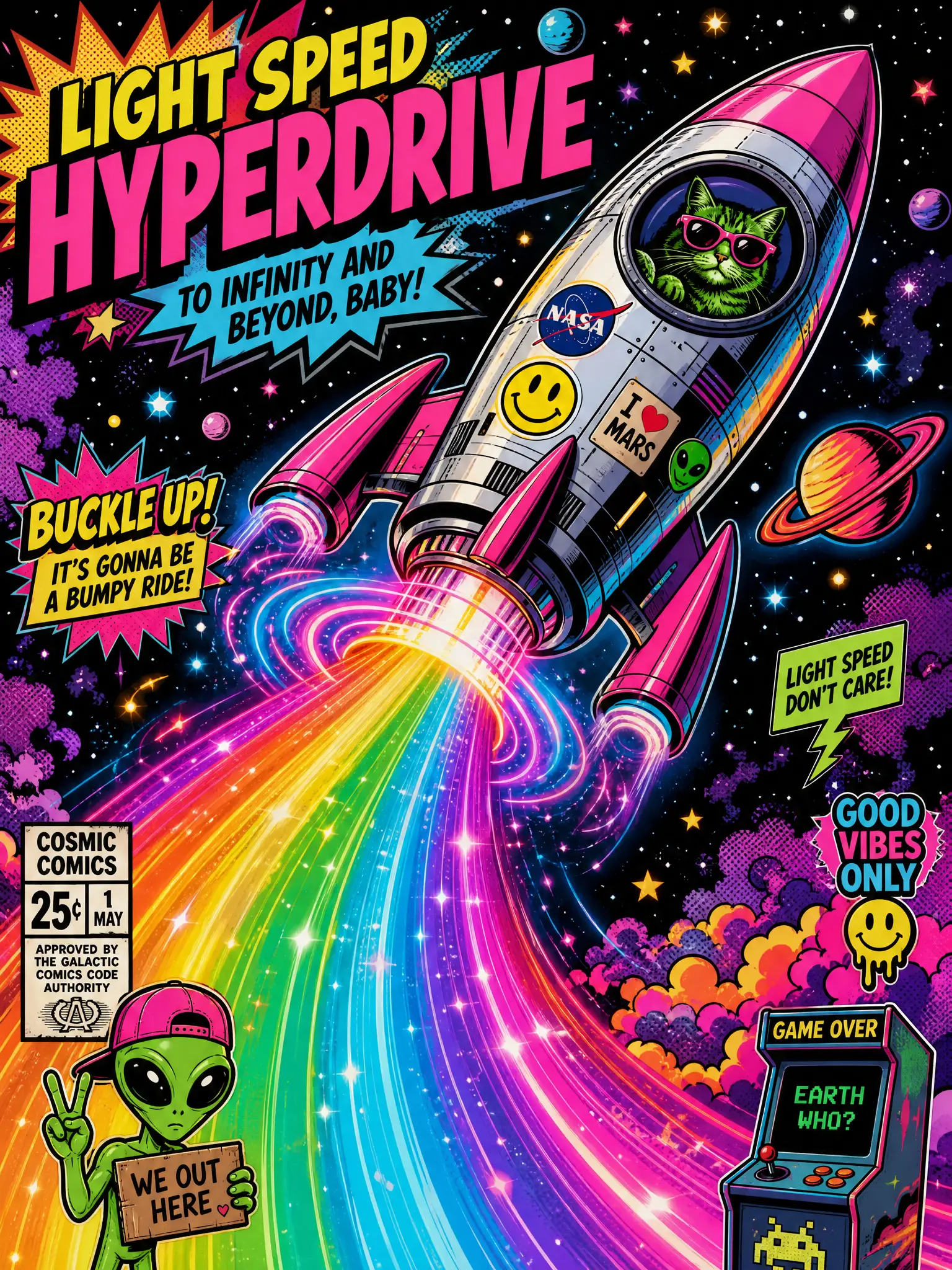 衝向發光霓虹宇宙空間的未來感火箭