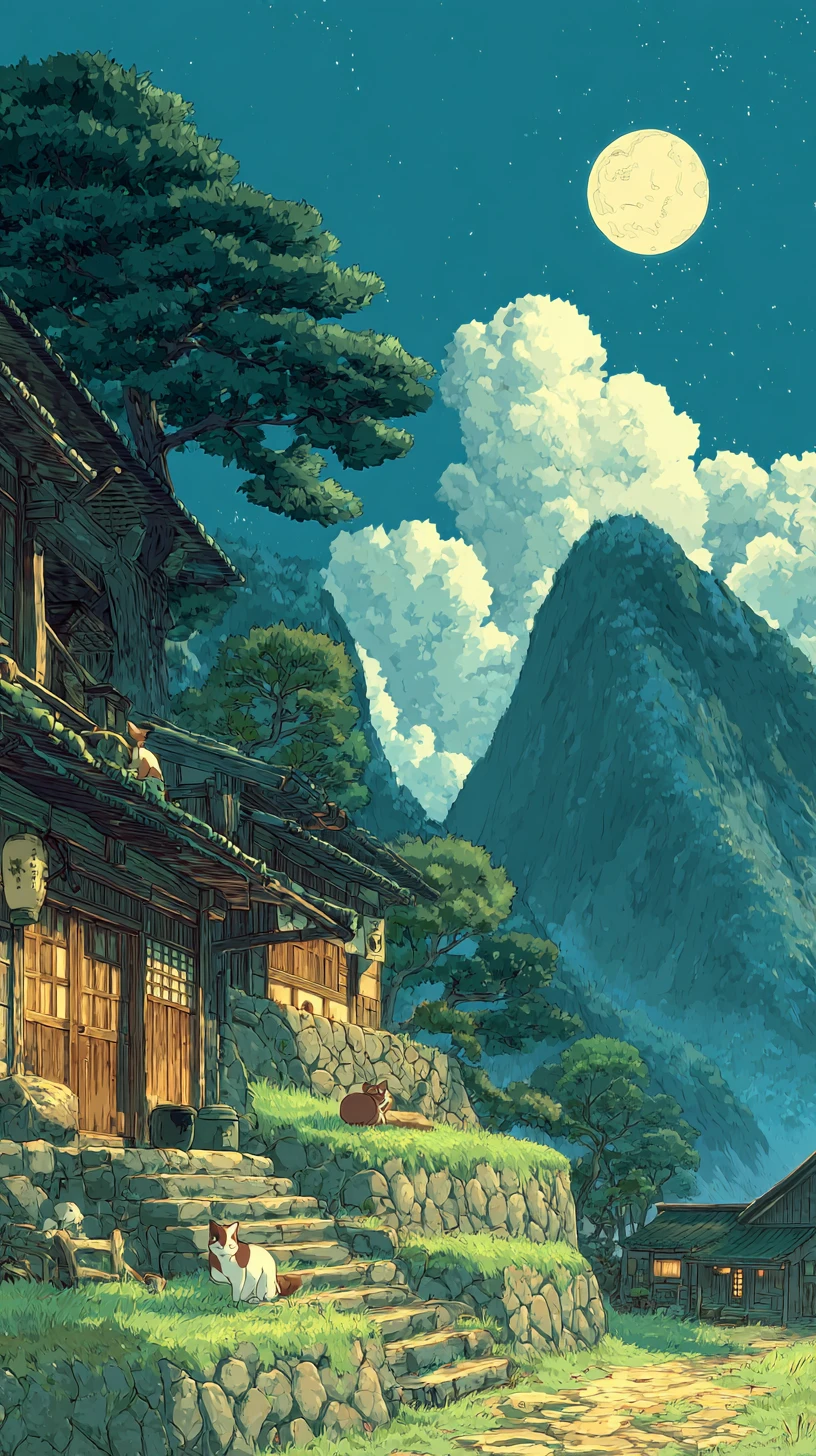 Templo de anime entre colinas verdes e montanhas distantes