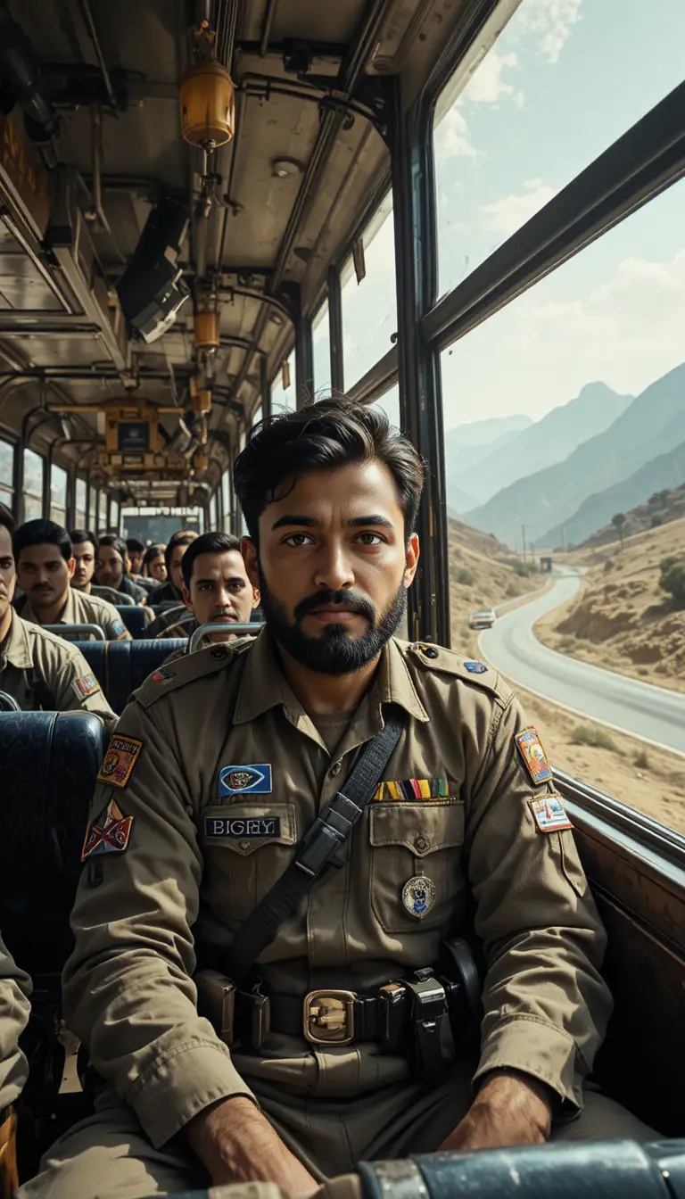Pakistan soldier on crowded holiday bus with mountain roads