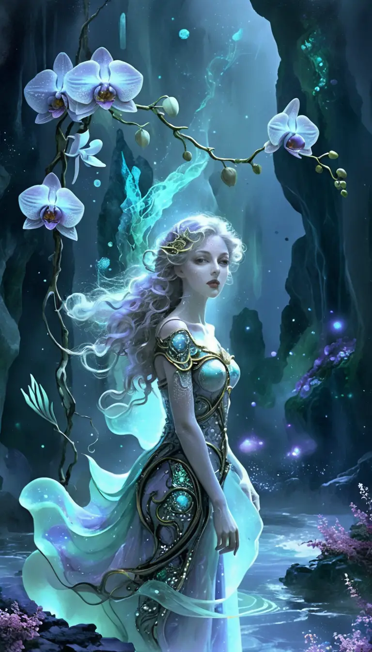 從旋渦藍色海洋中浮現的超現實混合媒材女性
