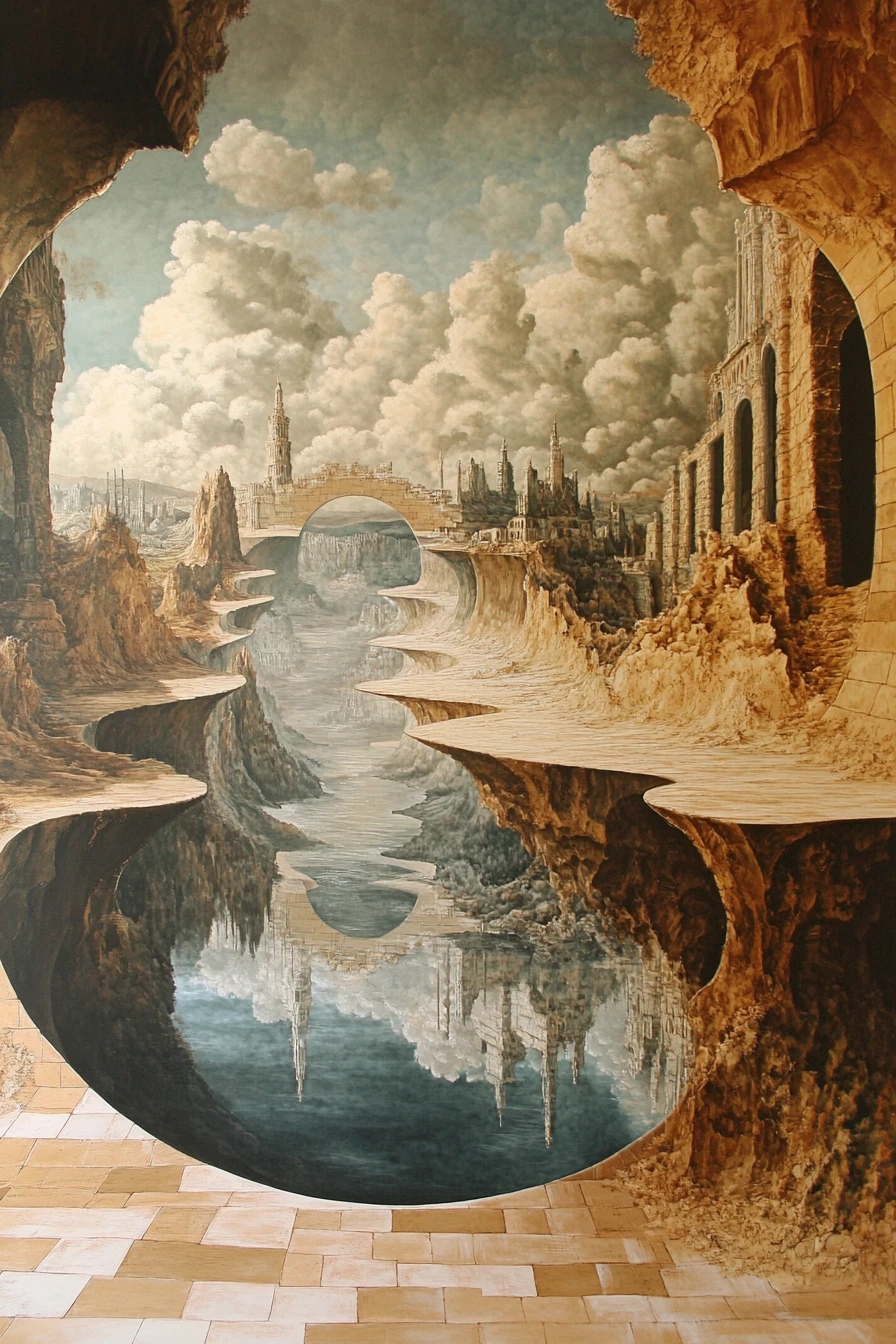 Surreal dreamscape of interconnected optical illusion tableaus