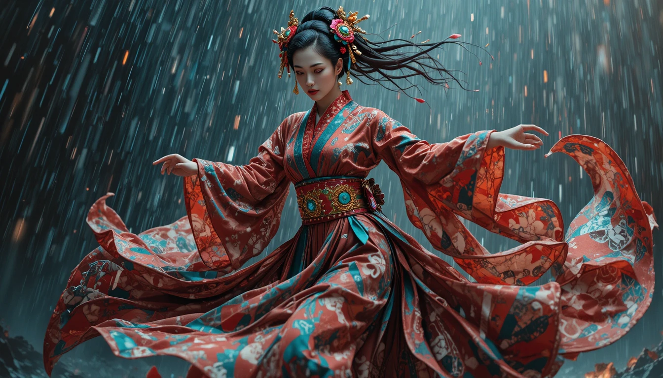 Geisha im Sturm mit wehendem Kimono und Neonakzenten