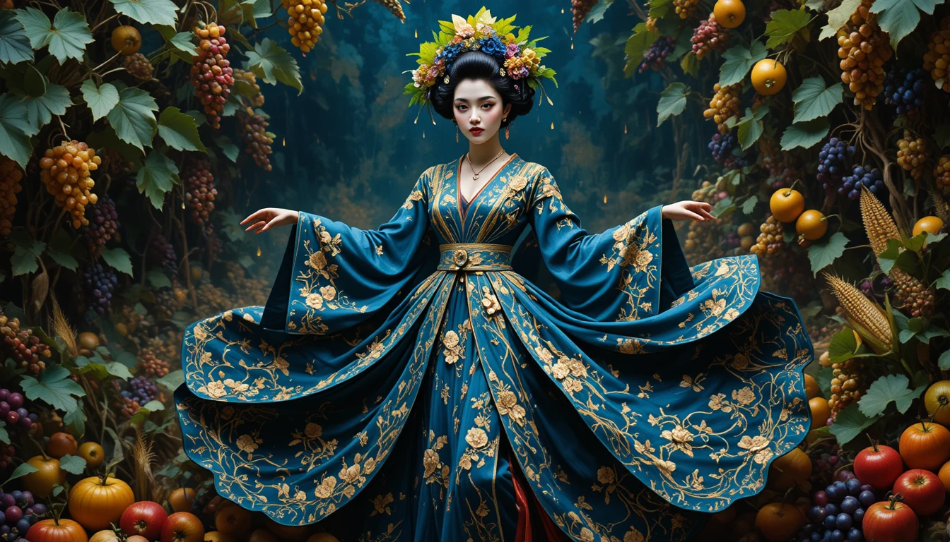 Geisha girando em uma tempestade com quimono esvoaçante e chuva