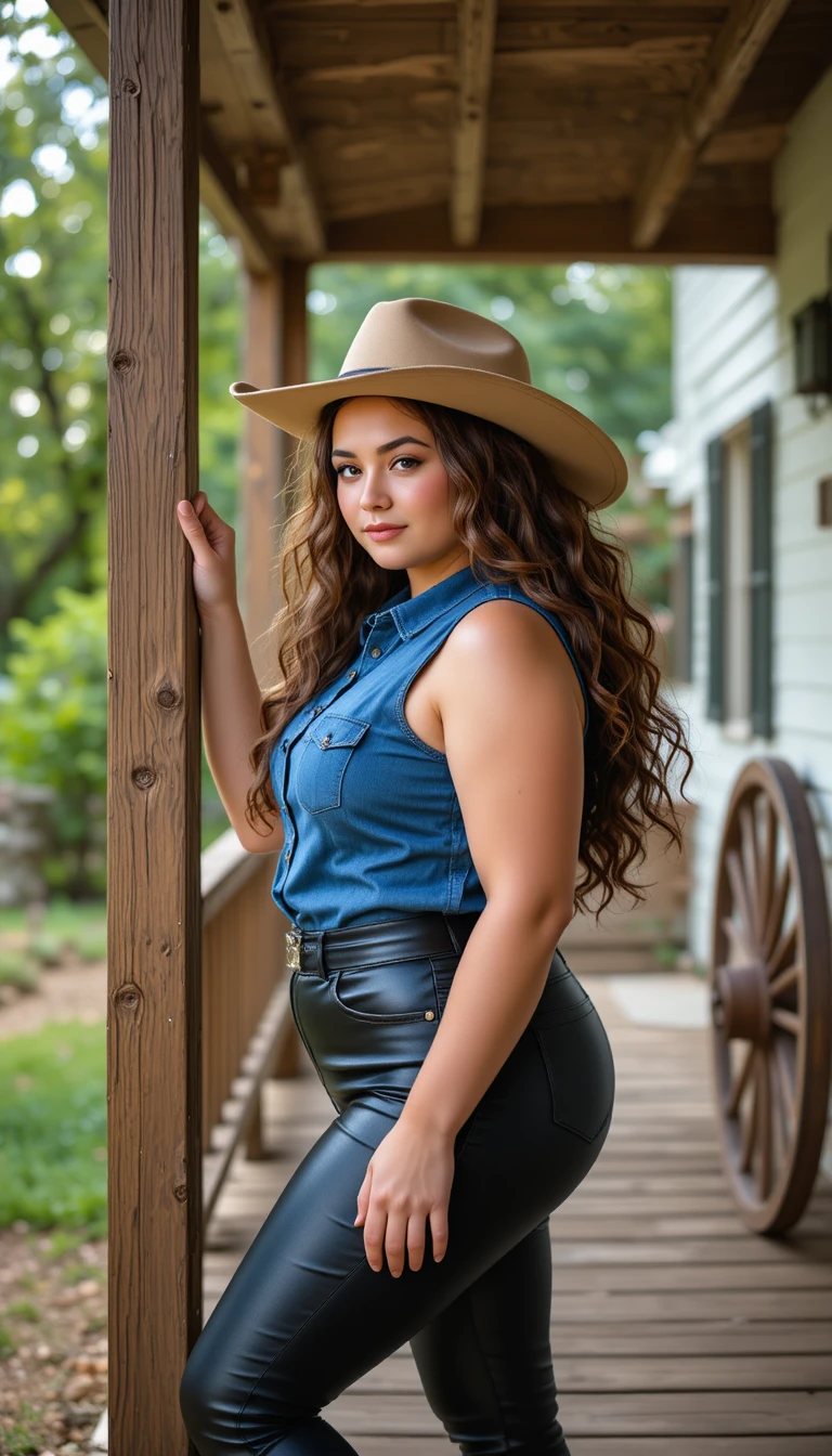 Cowgirl standing on wooden porch beside rustic country house