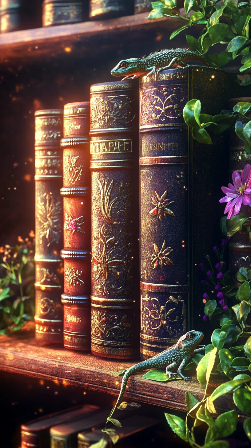 Magisches Bücherregal mit Kräutern und Eidechse im warmen Sonnenlicht