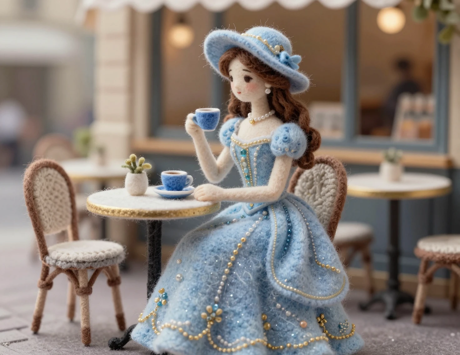 Elegant felt woman at a tiny parisian cafe table