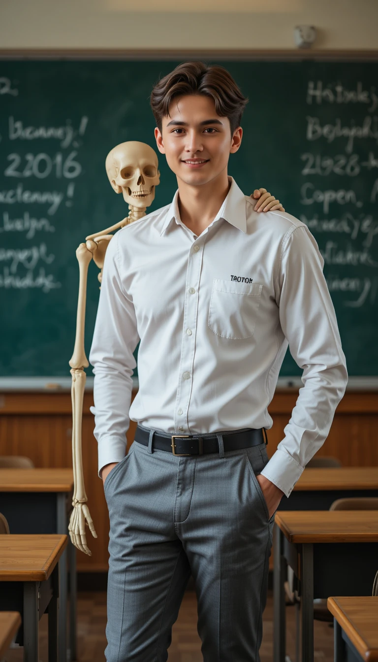 教室で骸骨とポーズをとる遊び心のある男子学生