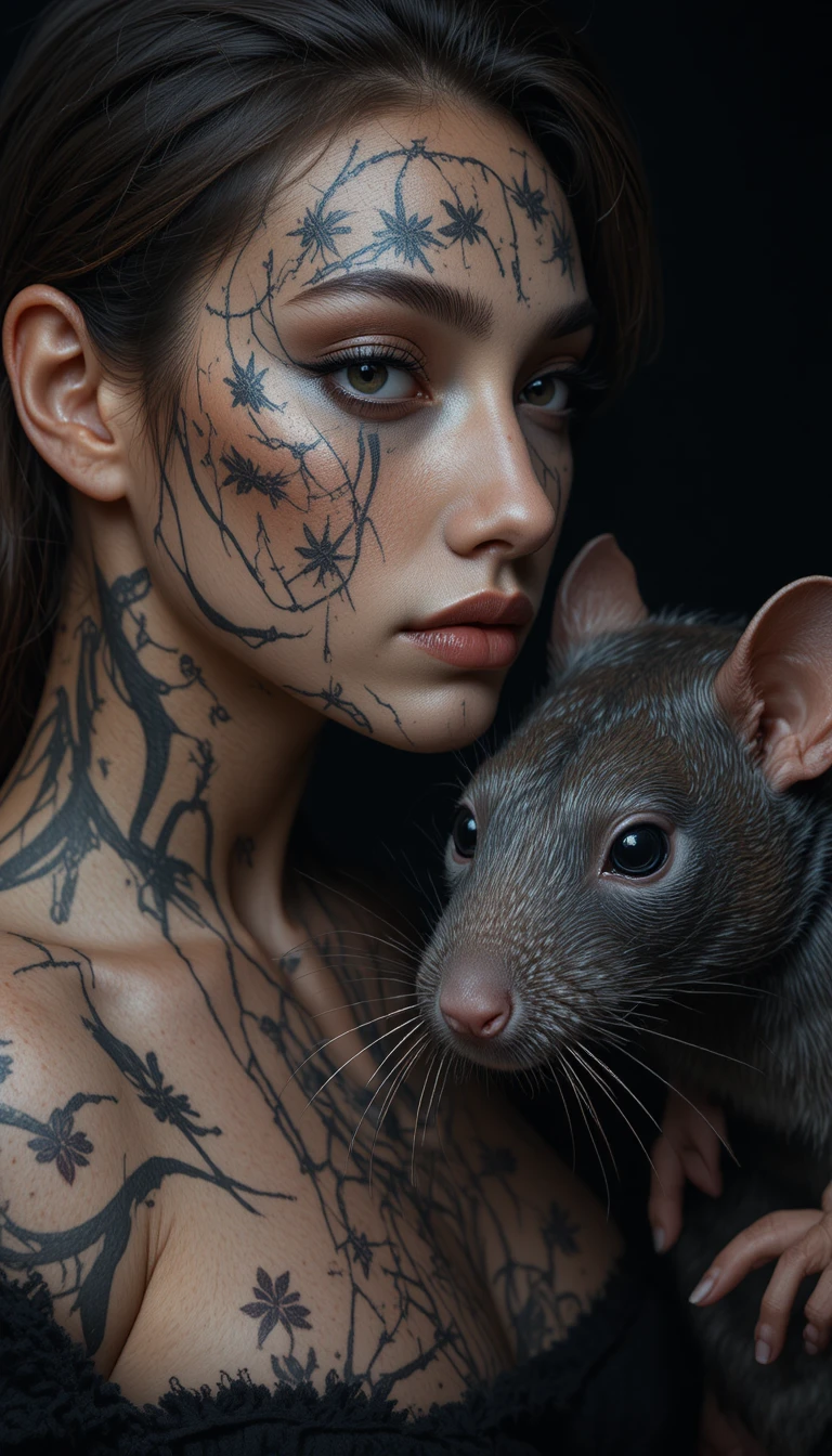 Woman with rat tattoos in dramatic studio portrait