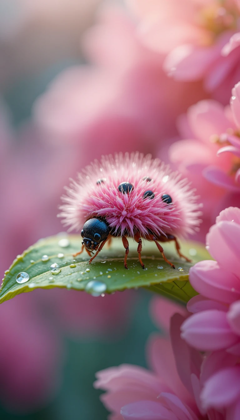 Coccinella rosa soffice in primo piano su foglia verde ricoperta di rugiada