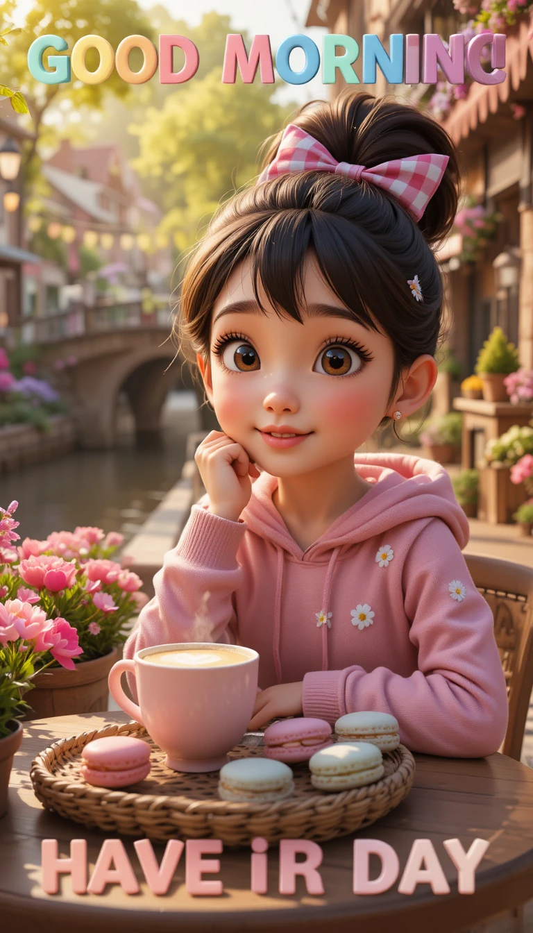 Pixar style girl at a spring cafe by the canal