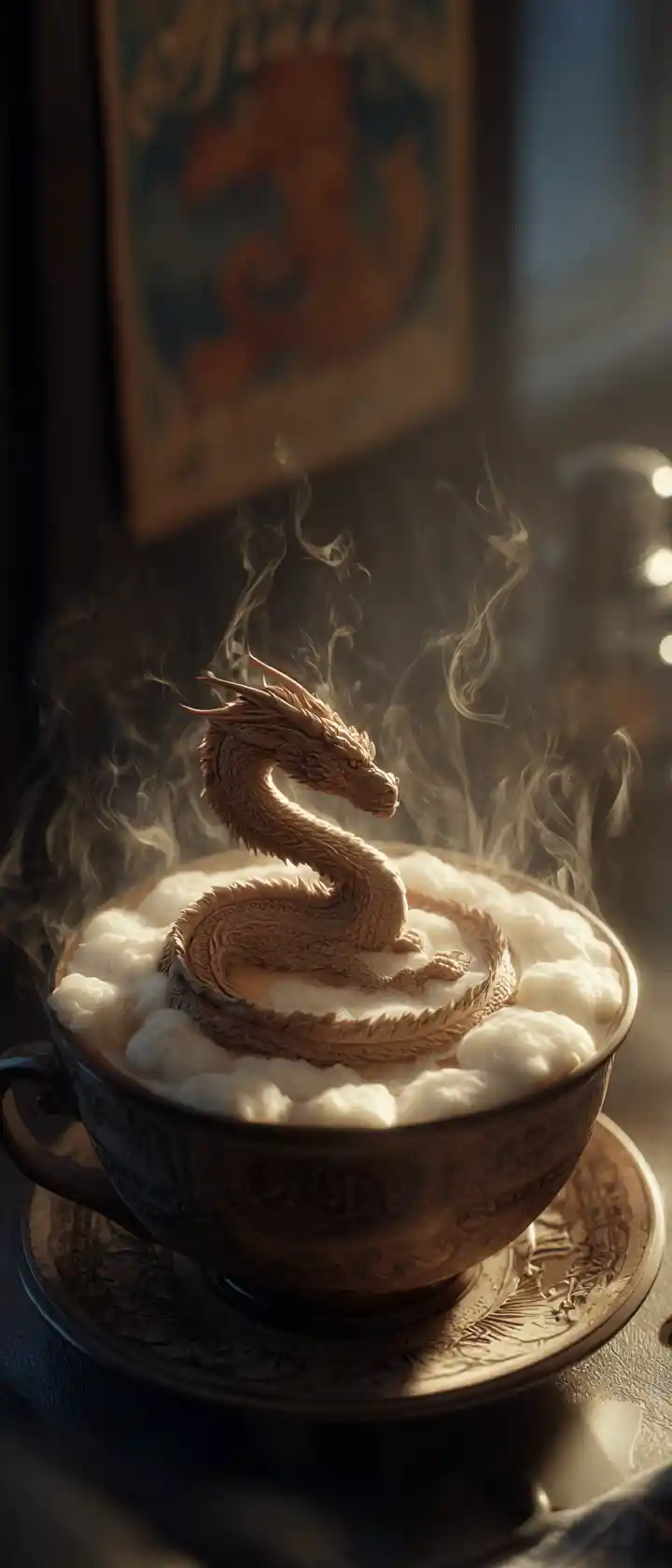 Fantasy dragon latte art in a moody coffee shop