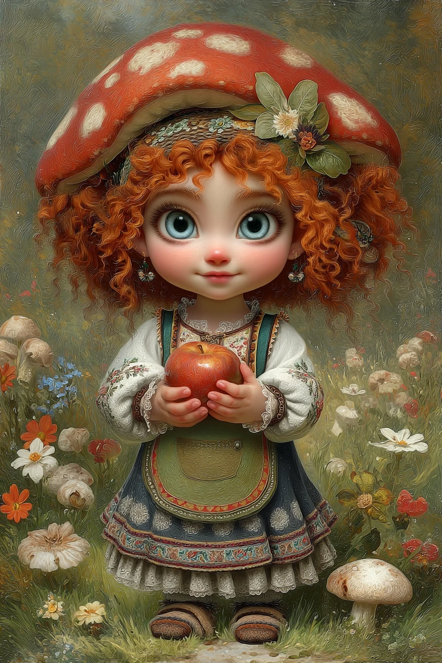 Linda menina gnoma da floresta com chapéu de cogumelo e frutas