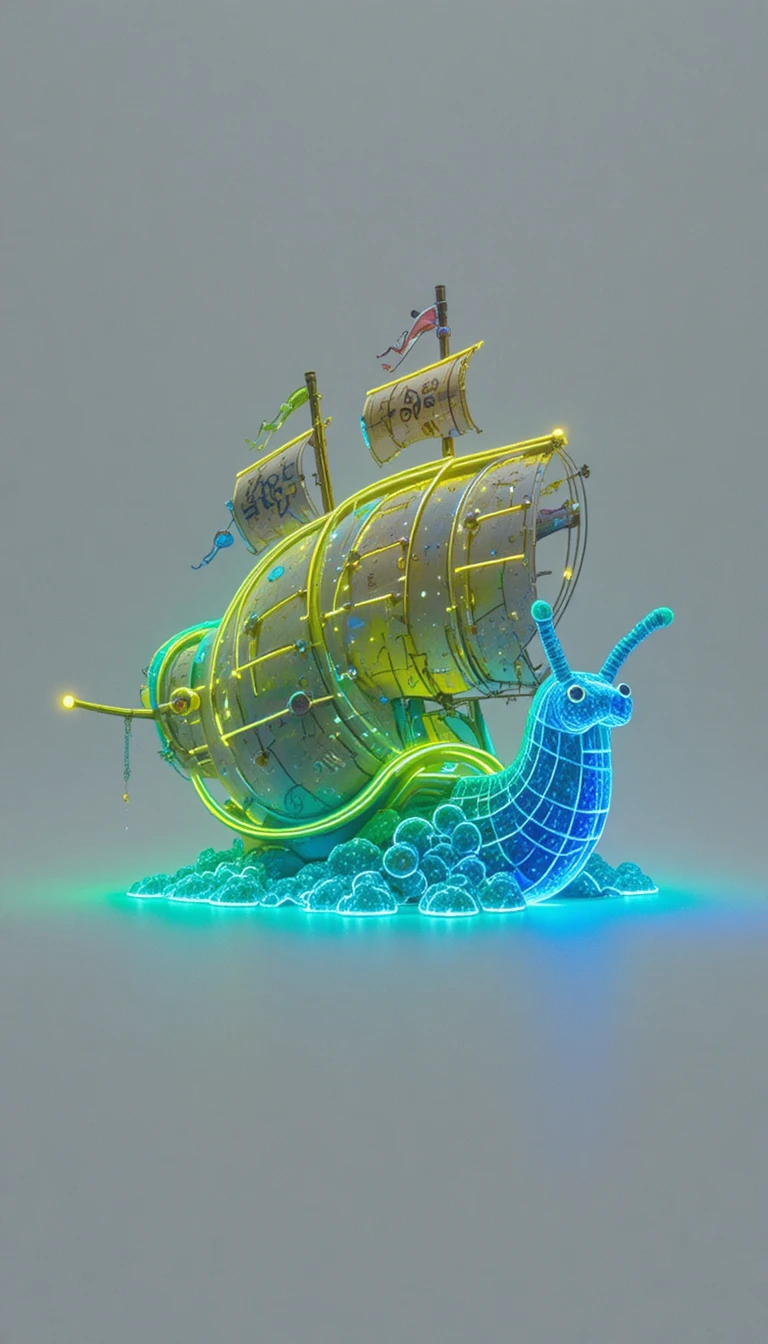 Caracol de Dibujos Neón con Concha de Barco Pirata sobre Blanco
