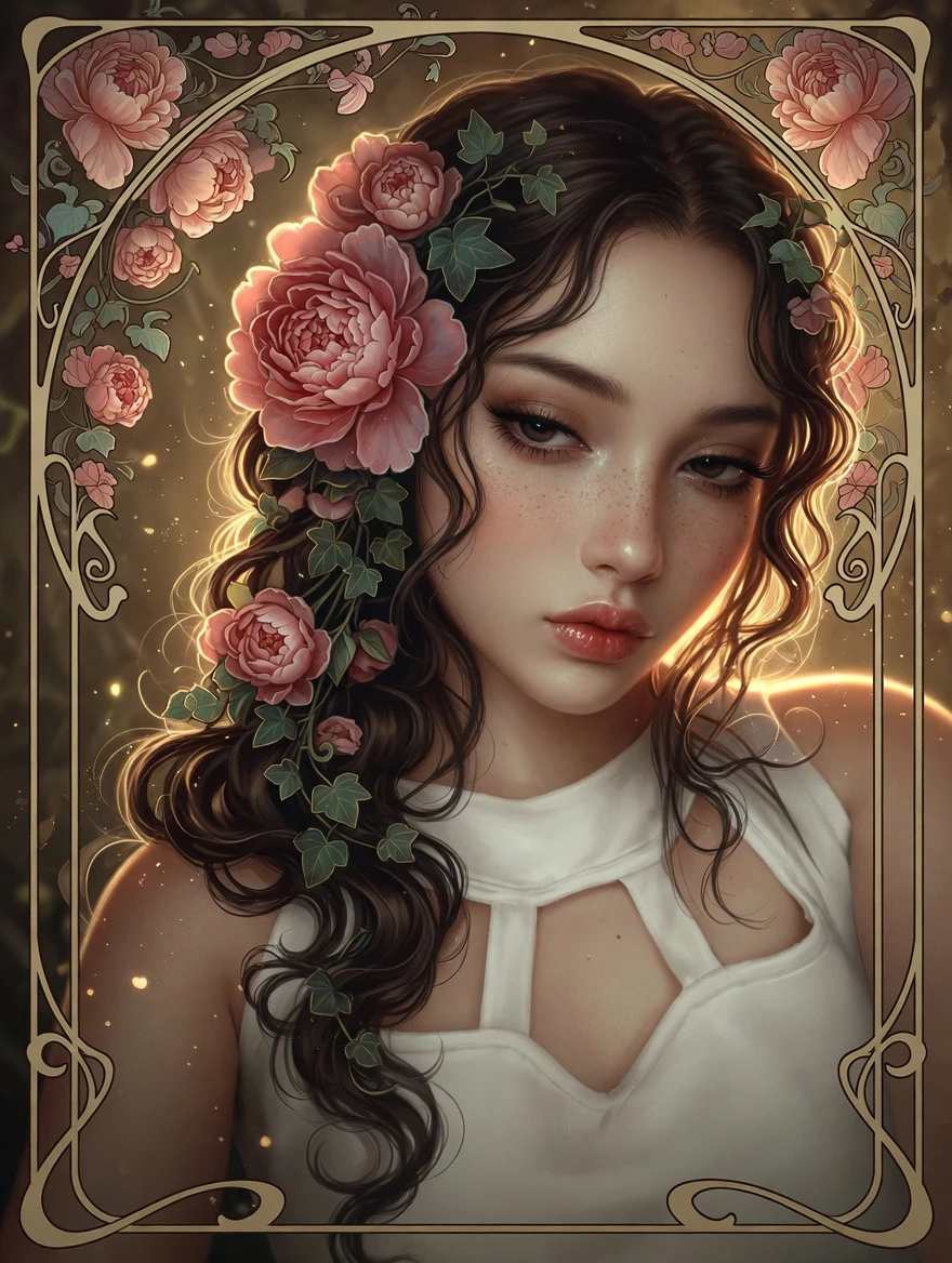 Retrato art nouveau de una chica pecosa con cabello floral