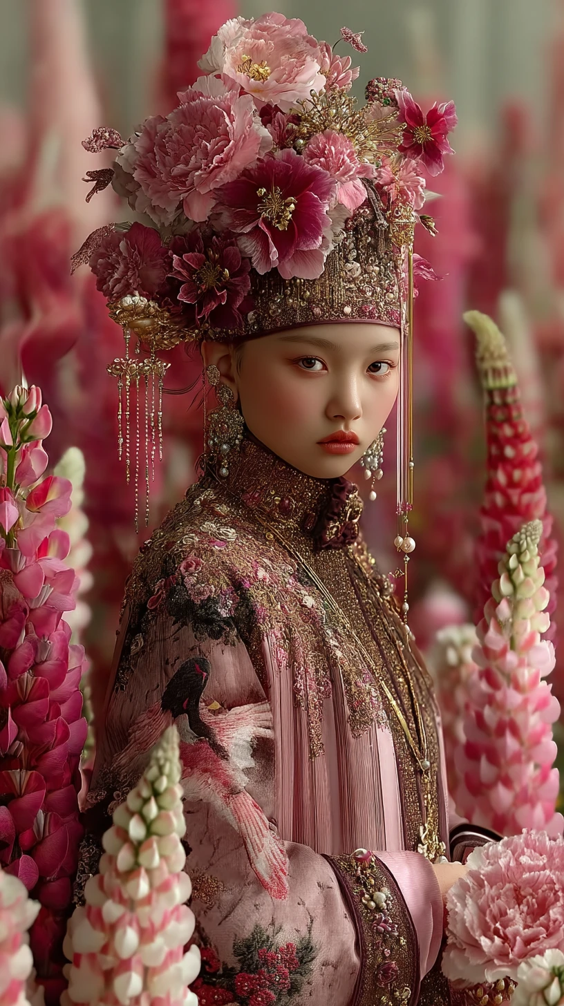 Mulher majestosa em hanfu rosa em meio a um jardim de lúpus em flor