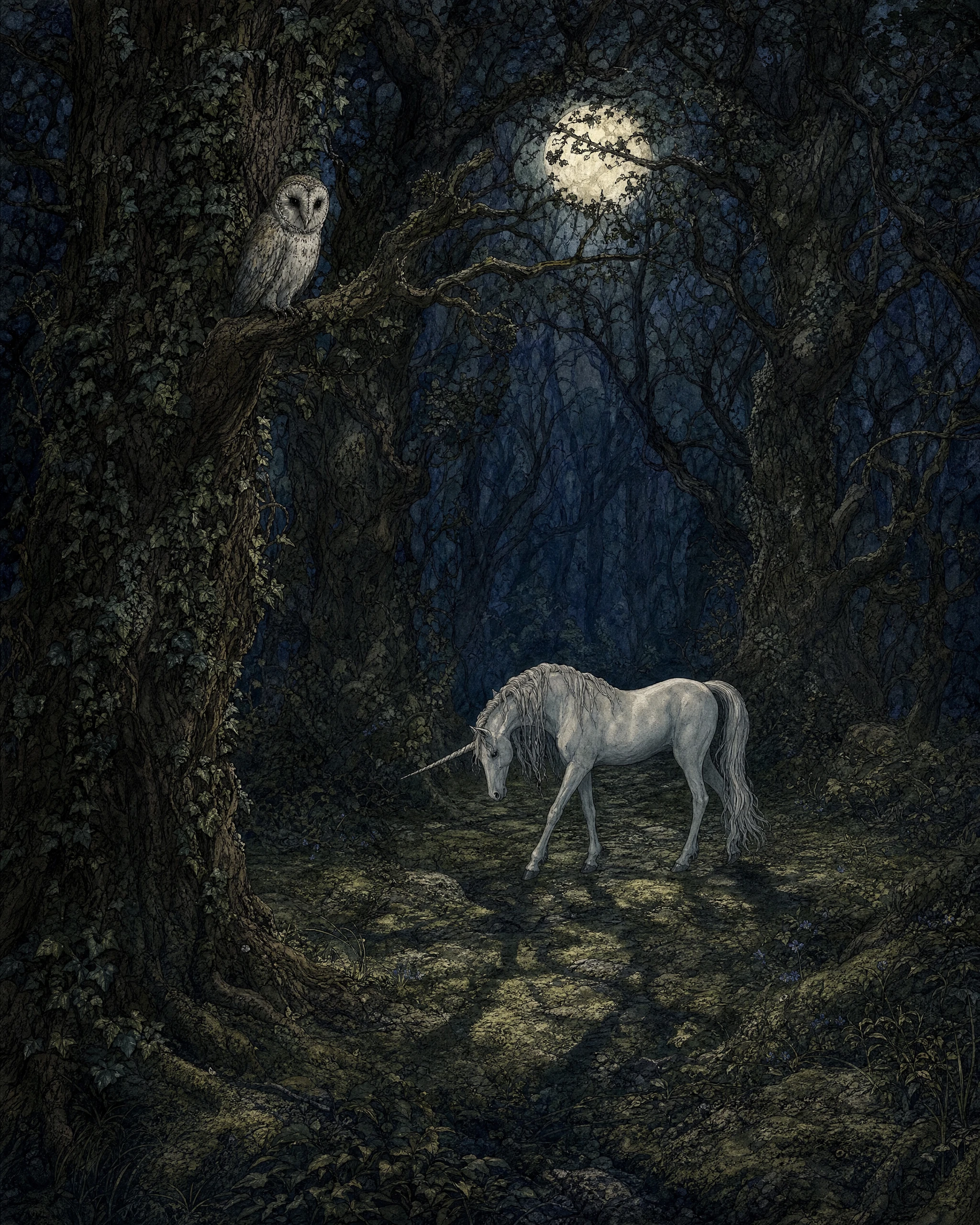 Unicorno bianco che cammina tra le ombre di una foresta incantata al chiaro di luna