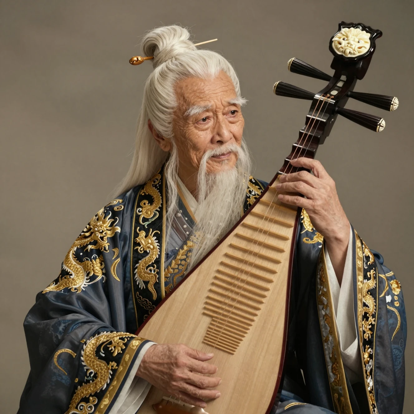 Músico chinês idoso tocando pipa em veste tradicional