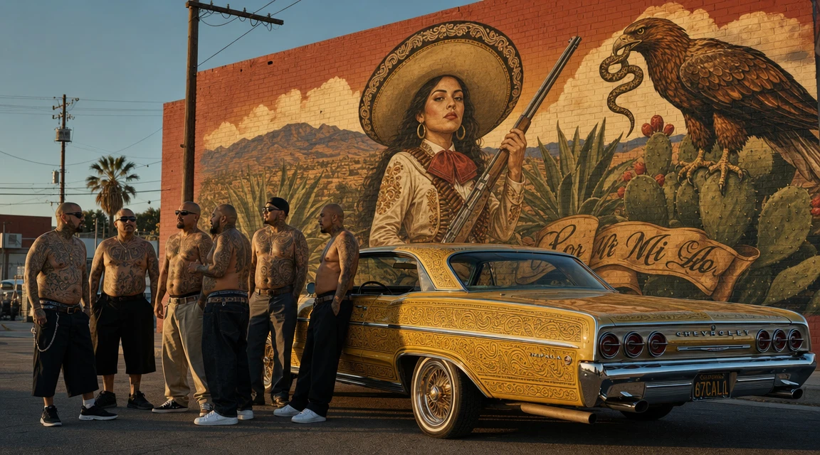Gang mexicain torse nu à côté d'une voiture lowrider jaune