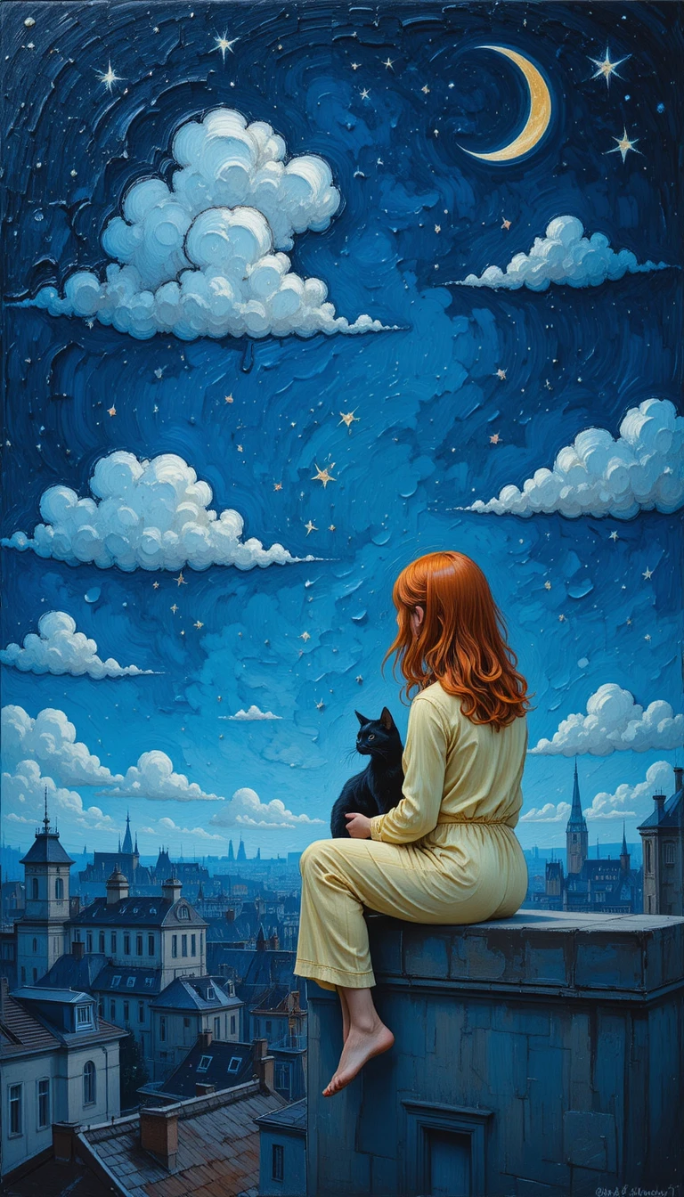 Fille rousse rêveuse et chat noir sur un toit de la ville