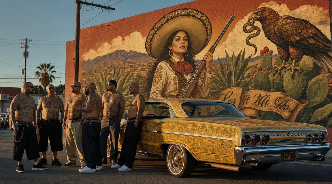 Shirtless Mexican gang standing beside yellow lowrider car