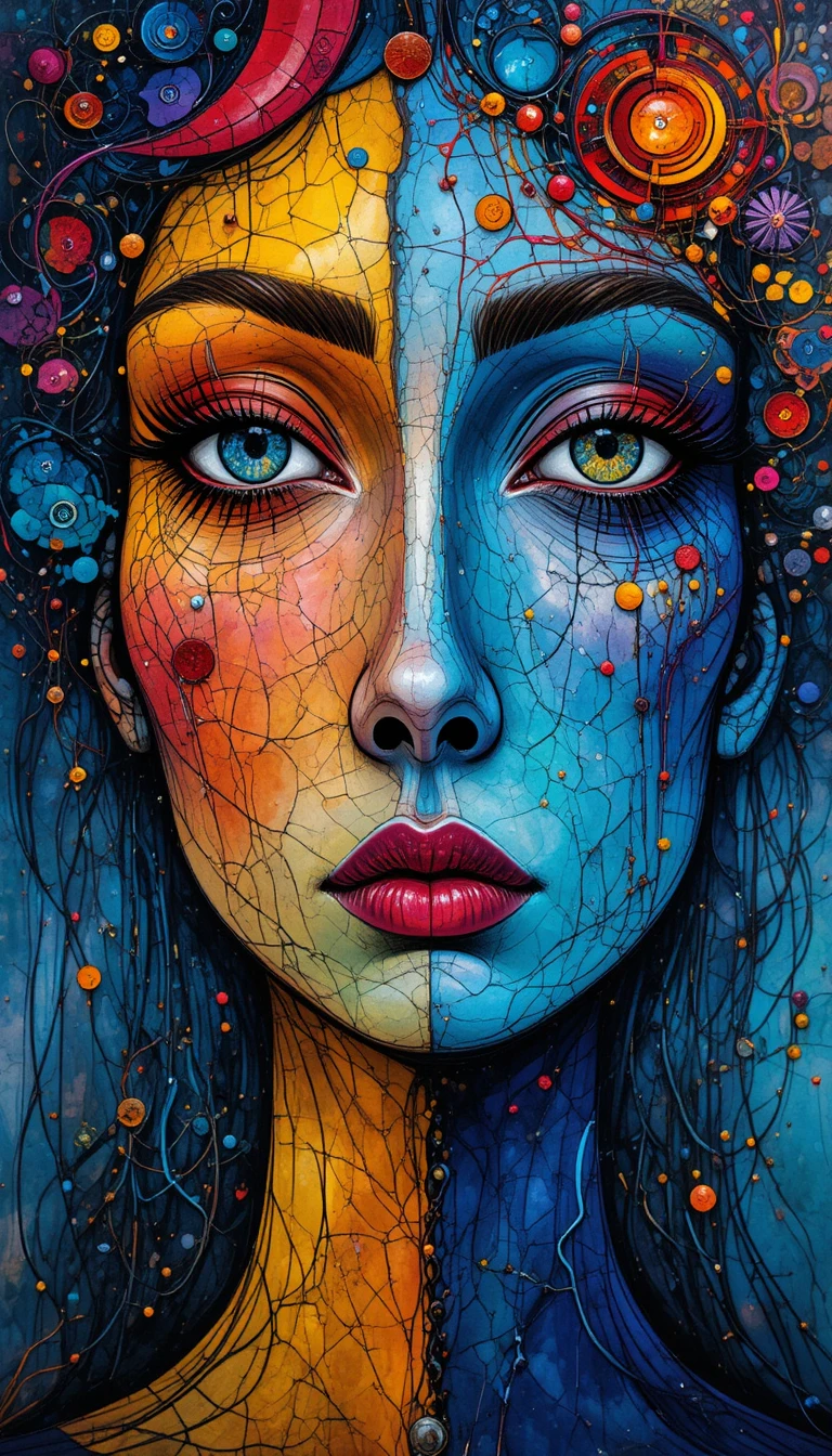 Visage abstrait vibrant aux lignes fluides et couleurs surréalistes