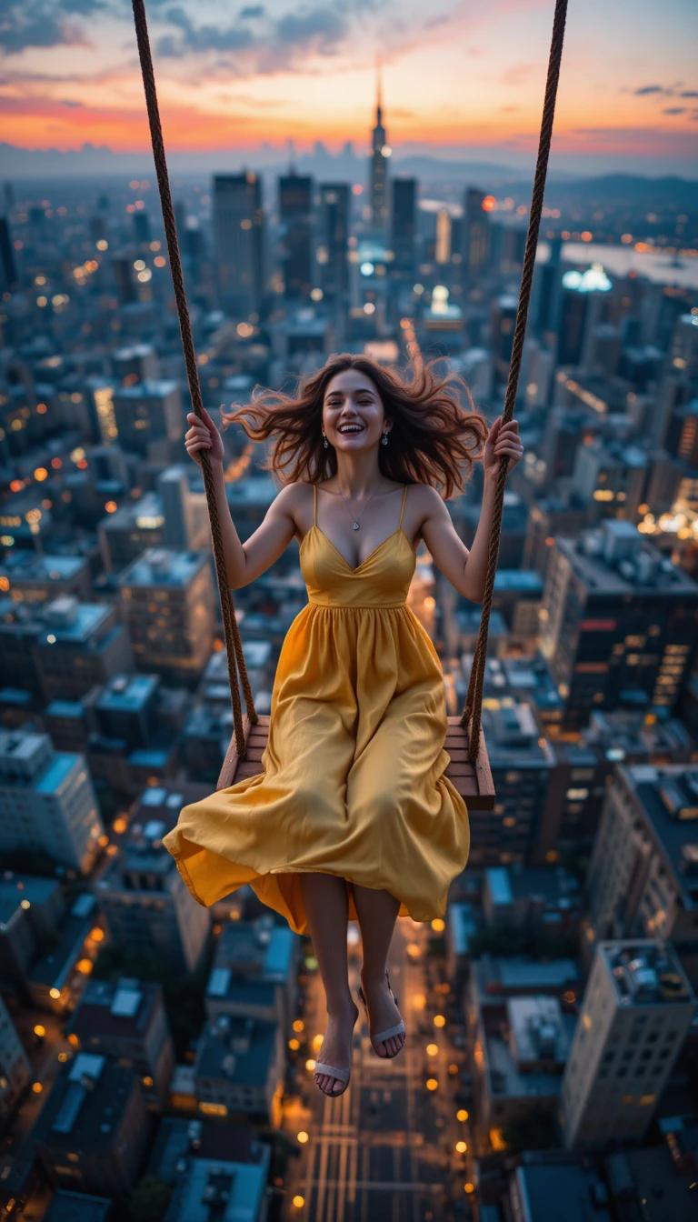 Femme sur une balançoire au-dessus d’une ville lumineuse au crépuscule