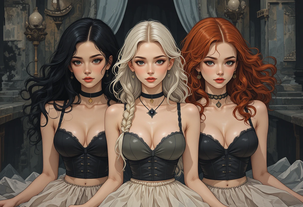 Tre giovani donne in un'illustrazione astratta dark fantasy