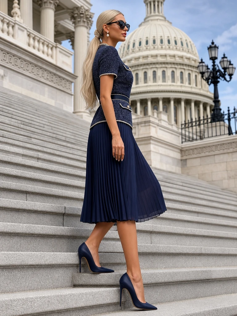 Elegante donna con décolleté sui gradini di pietra vicino al Campidoglio