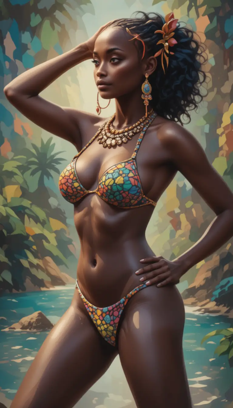 Mujer africana segura de sí misma posando con un colorido bikini tropical
