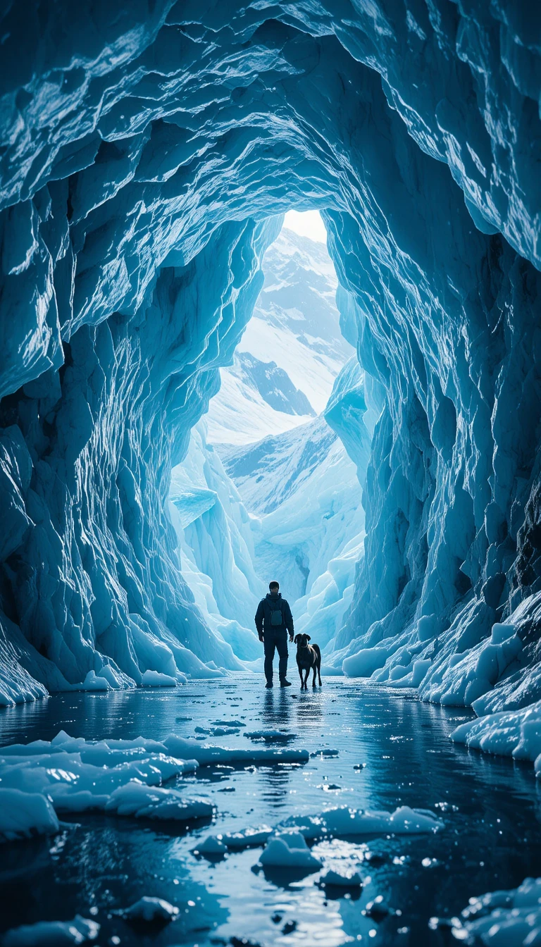 Man and dog exploring glowing blue glacier ice cave