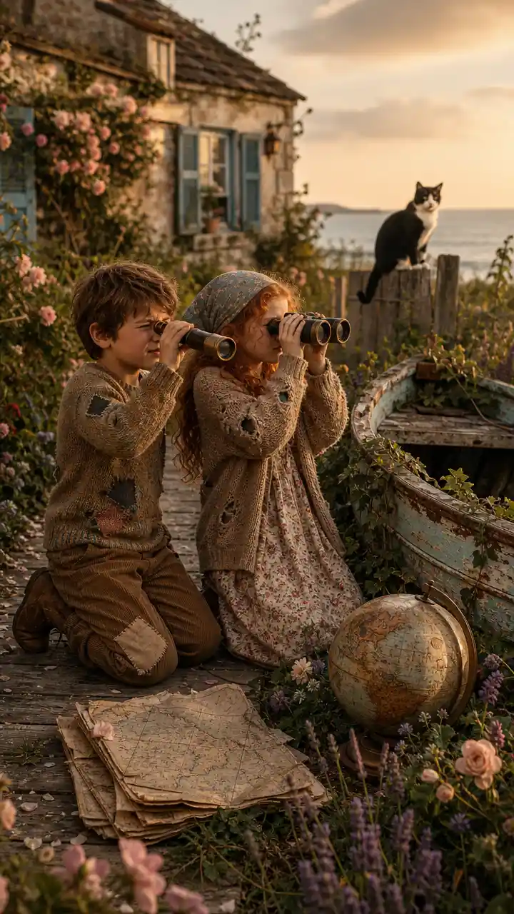 Children Exploring A Coastal Garden With Vintage Nautical Gear