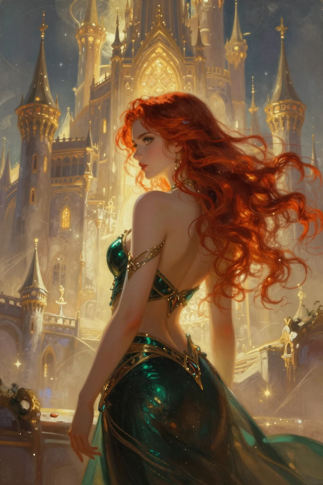 Femme rousse pulpeuse devant un château de fantasy lumineux