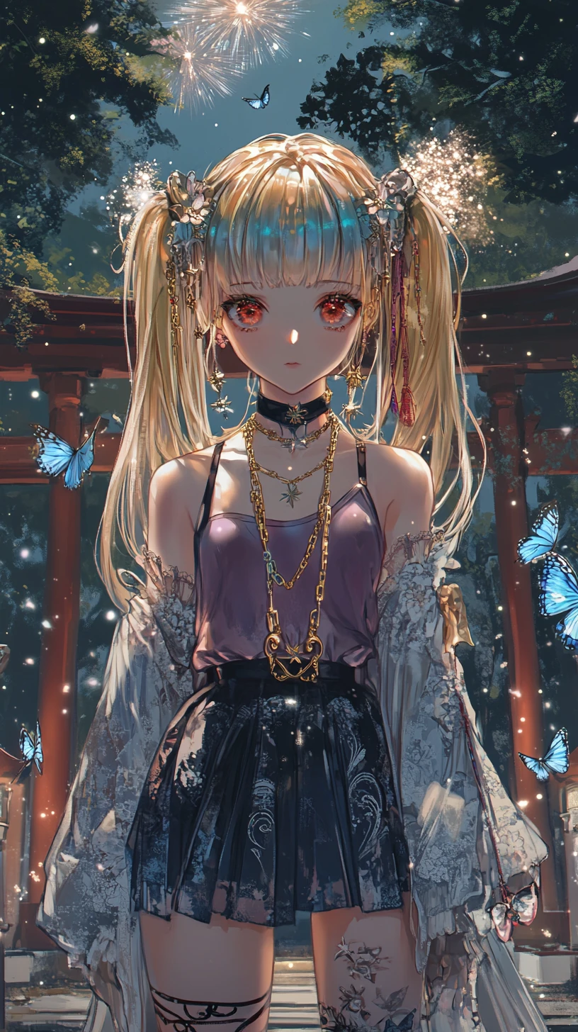 Chica de anime en un templo japonés bajo fuegos artificiales nocturnos