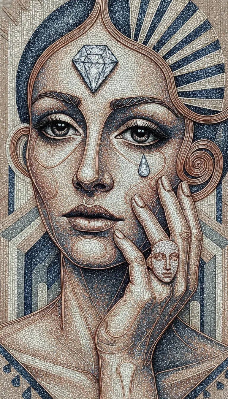 Surreal close up of a woman with jeweled ring and third eye